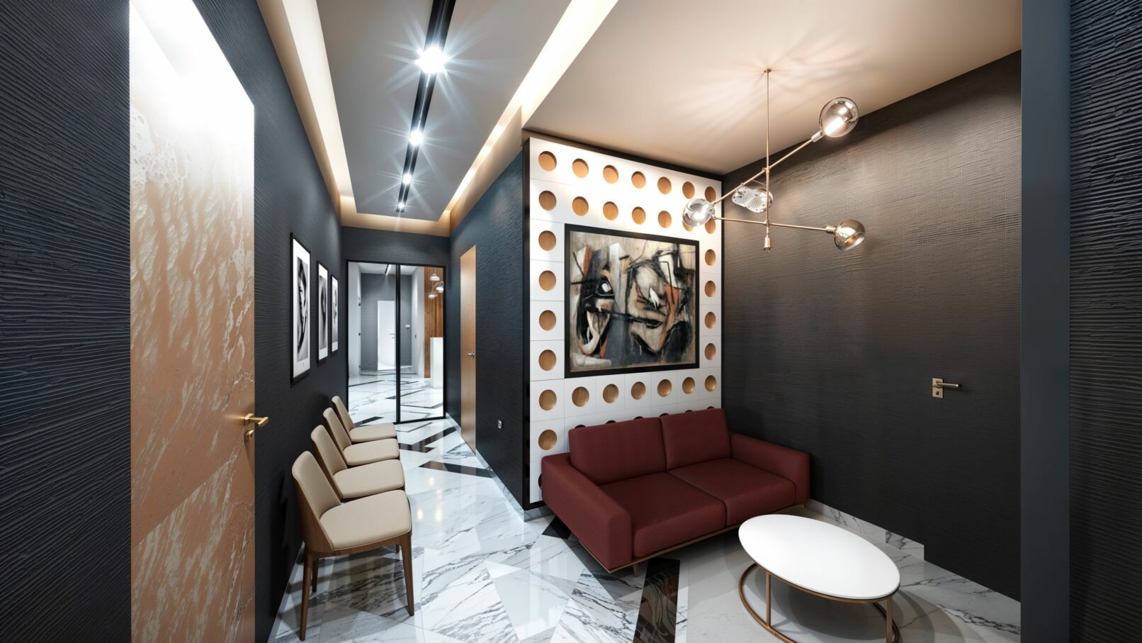 A stylish waiting area in an aesthetic medical clinic featuring a burgundy sofa, beige guest chairs, and bold modern artwork framed by a decorative wall with circular insets. The space is accented with black textured walls, glossy white marble flooring with dark veining, and a sculptural ceiling light fixture. A series of black-and-white portraits and indirect ceiling lighting complete the refined, contemporary ambiance.