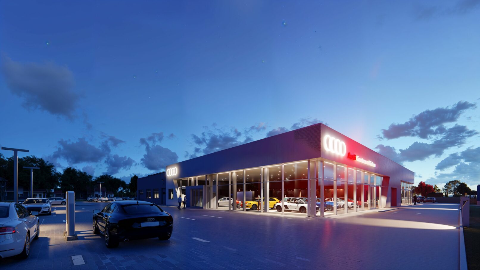 A modern Audi showroom illuminated at dusk, with a sleek glass façade showcasing various Audi models inside. The glowing Audi logo and red signage stand out against the deep blue evening sky. Luxury vehicles are parked in the foreground, with ambient lighting and clean pavement enhancing the upscale atmosphere of the dealership. Scattered clouds and fading daylight complete the twilight setting.