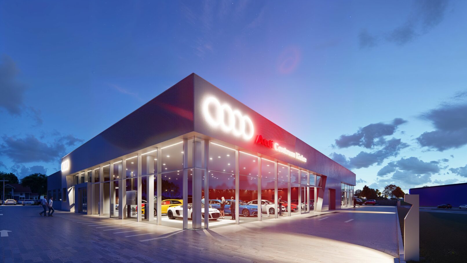 A modern Audi showroom illuminated at dusk, with a sleek glass façade showcasing various Audi models inside. The glowing Audi logo and red signage stand out against the deep blue evening sky. Luxury vehicles are parked in the foreground, with ambient lighting and clean pavement enhancing the upscale atmosphere of the dealership. Scattered clouds and fading daylight complete the twilight setting.
