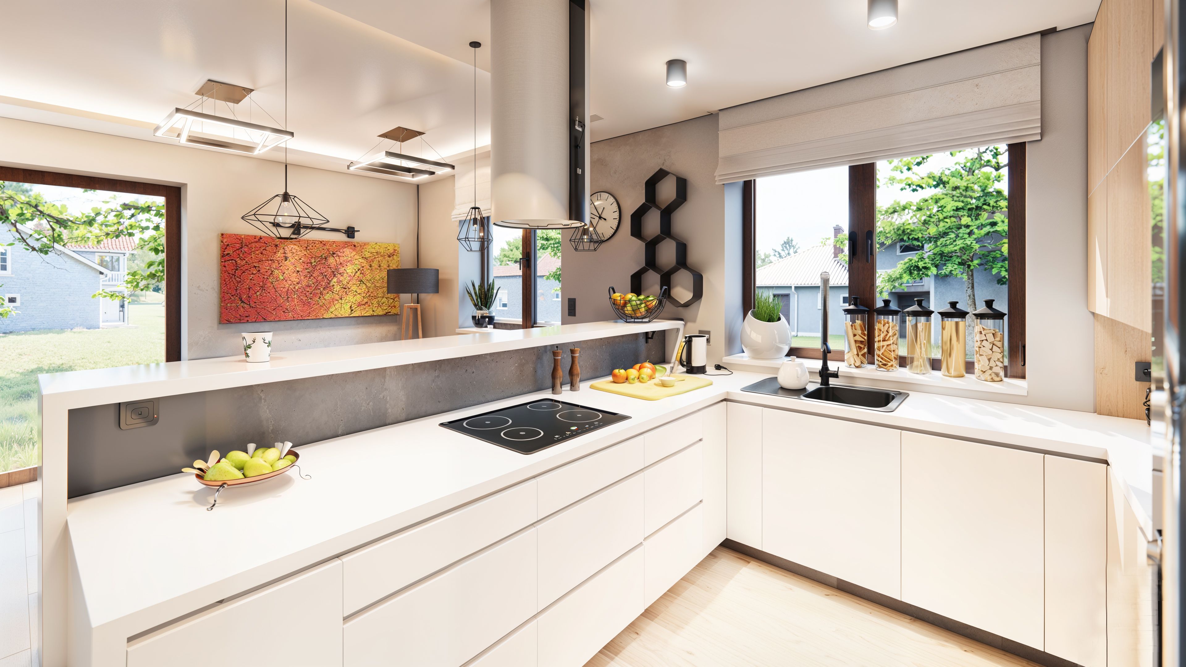 Contemporary kitchen and dining space with a bright, open layout featuring sleek white cabinetry, a minimalist island with bar seating, modern lighting fixtures, and large windows offering views of a green, residential garden. The interior design combines warm wood textures, geometric shelving, and bold artwork for a clean yet inviting atmosphere.