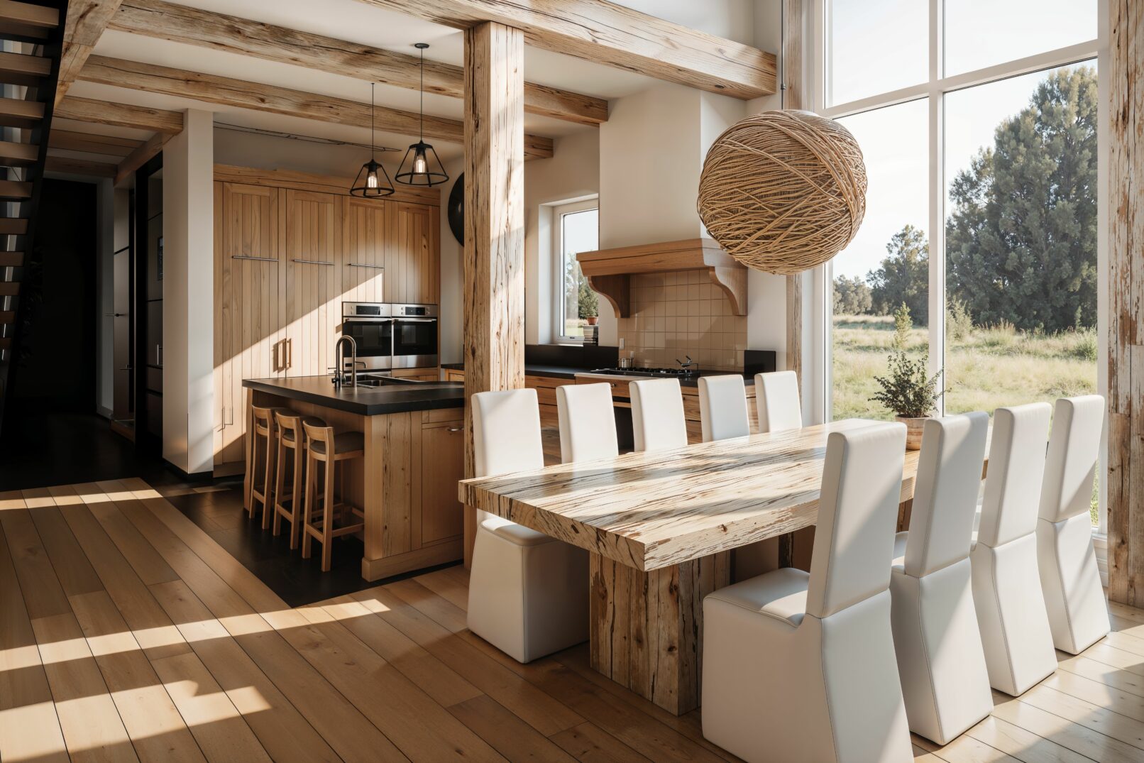 A sunlit rustic-modern kitchen and dining space featuring natural wood finishes, exposed beams, and a large picture window overlooking a grassy landscape. A handcrafted wooden dining table is surrounded by white upholstered chairs, while the adjacent kitchen includes a central island with bar stools, built-in ovens, and pendant lighting. A woven spherical light fixture adds a natural sculptural element to the warm, inviting interior.