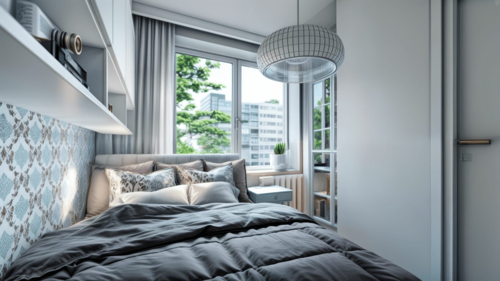 A cozy, modern bedroom with a soft grey and white color palette, featuring a neatly made bed with patterned accent pillows, a geometric pendant light, and a feature wall with subtle blue and beige wallpaper. Natural light floods the room through a large window, offering views of nearby trees and contemporary apartment buildings. Built-in shelving, a compact nightstand, and minimalist decor maximize space and comfort in this urban apartment setting.
