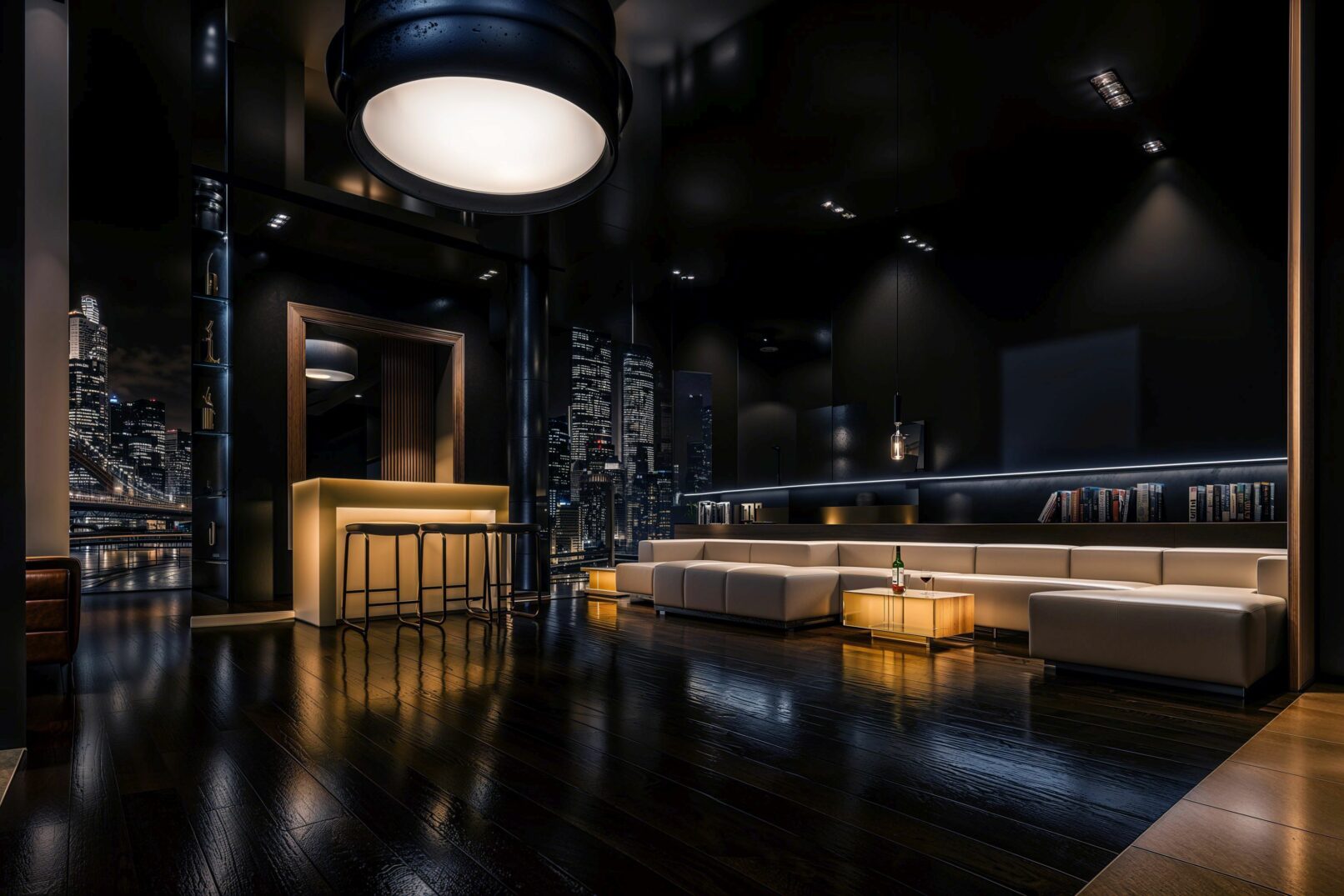 A luxurious entertainment lounge with a glossy dark interior, featuring a glowing backlit bar, white modular sofas, and illuminated low tables. The room is styled with minimalist pendant lighting, polished wood flooring, and a dramatic cityscape mural that adds urban sophistication. Shelving with books and liquor bottles subtly enhances the club-like ambiance of this high-end private residence.