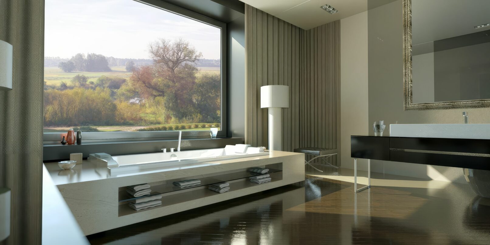 A luxurious, contemporary bathroom featuring a sleek built-in soaking tub set against a large panoramic window with a view of a sunlit countryside landscape. The space is refined with warm wood flooring, vertical slatted wall panels, a minimalist black vanity, and soft natural lighting that enhances the spa-like ambiance.