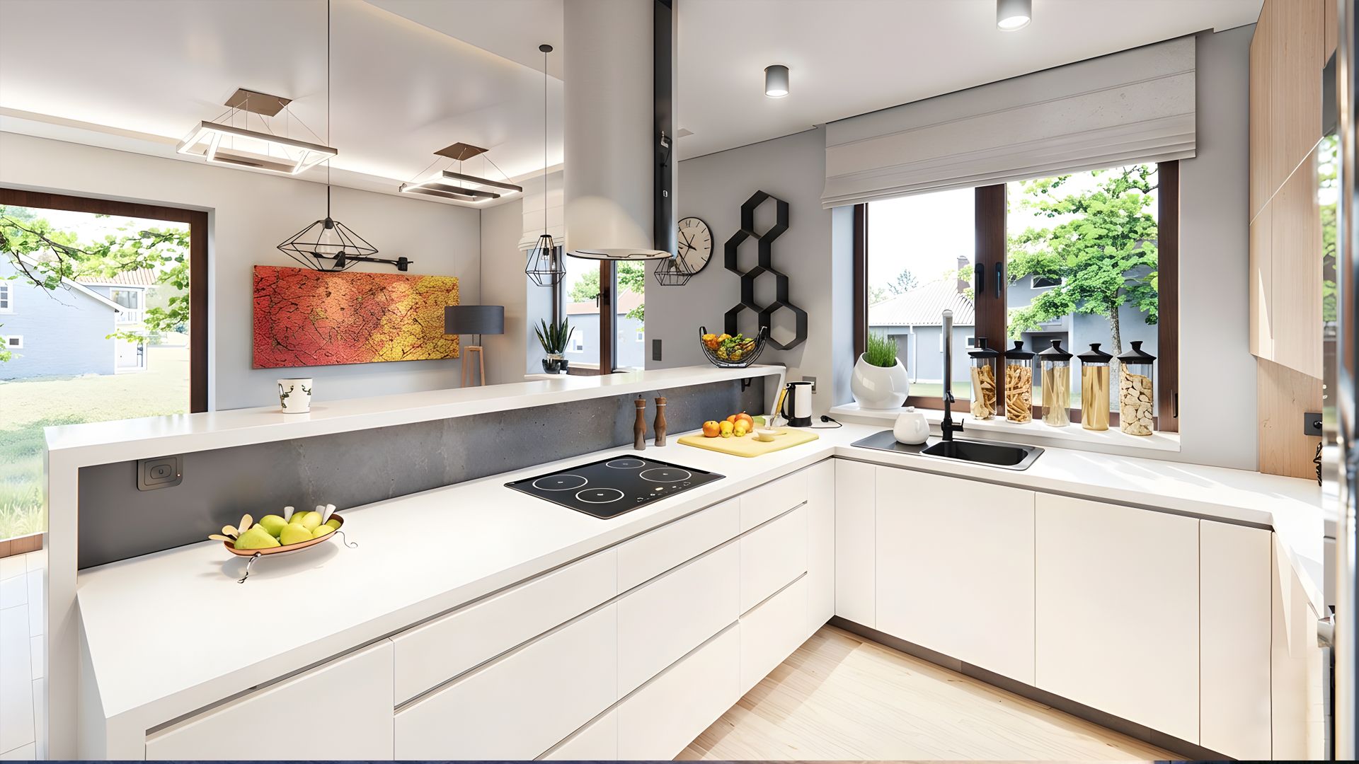 Contemporary kitchen and dining space with a bright, open layout featuring sleek white cabinetry, a minimalist island with bar seating, modern lighting fixtures, and large windows offering views of a green, residential garden. The interior design combines warm wood textures, geometric shelving, and bold artwork for a clean yet inviting atmosphere.