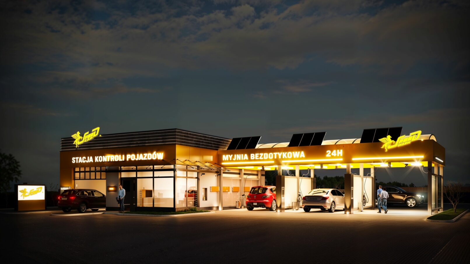 A night-time visualization of a modern SpeedCar vehicle inspection and 24-hour self-service car wash station. The building is brightly illuminated with yellow signage, including “Stacja Kontroli Pojazdów” and “Myjnia Bezdotykowa 24H.” The structure features solar panels on the roof and transparent glass walls around the office area. Several cars and customers are seen using the wash bays, creating a functional and inviting nighttime atmosphere.
