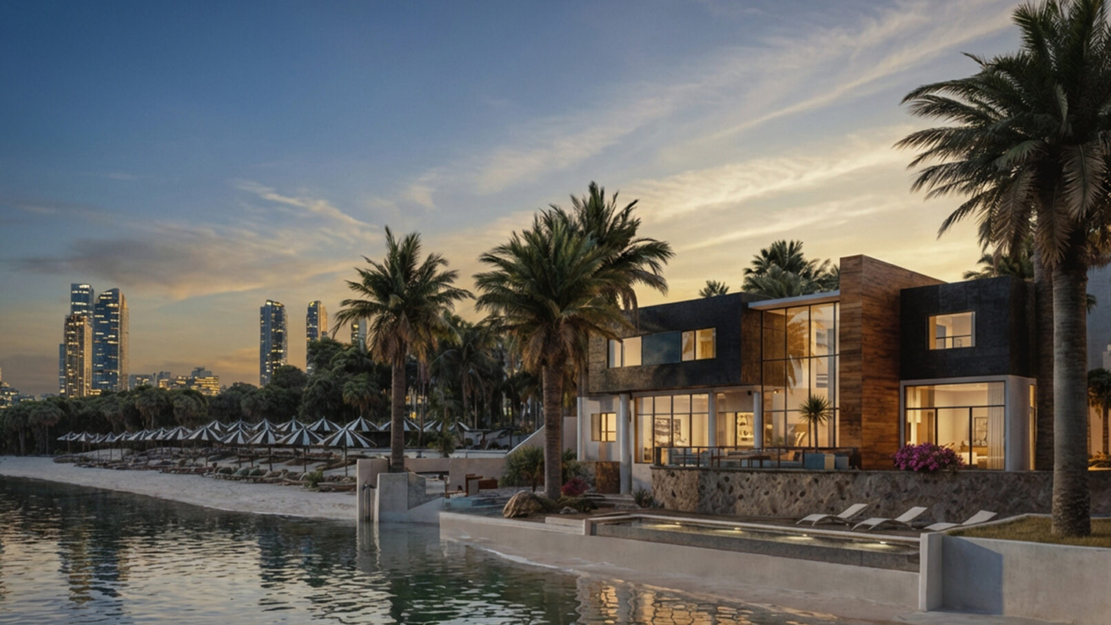 Modern beachfront villa in Alicante, Spain, featuring a sleek black-and-wood façade, large glass windows, and tropical landscaping with palm trees. The villa is set directly on a sandy beach with sun loungers and umbrellas, overlooking clear turquoise water, with a skyline of modern high-rises in the background under a bright blue sky.