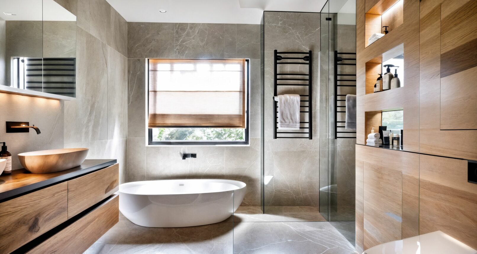 Luxurious modern bathroom featuring a large freestanding white bathtub, a sleek wooden vanity with a golden washbasin, and a walk-in shower with a glass partition. The walls and floor are covered in light grey marble-effect tiles, complemented by warm wooden storage units and a black heated towel rail. A large window with a roman blind provides natural light.