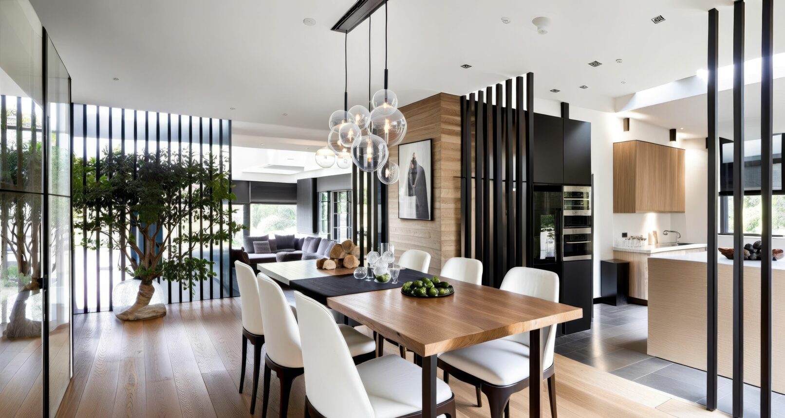 Elegant open-concept dining and kitchen area in a modern Brussels home, featuring a long wooden dining table with white chairs, globe pendant lights, and a minimalist black room divider. The kitchen cabinetry combines dark and light wood tones, with a large island and contemporary appliances. A living area with a grey sofa and an indoor tree is visible in the background.