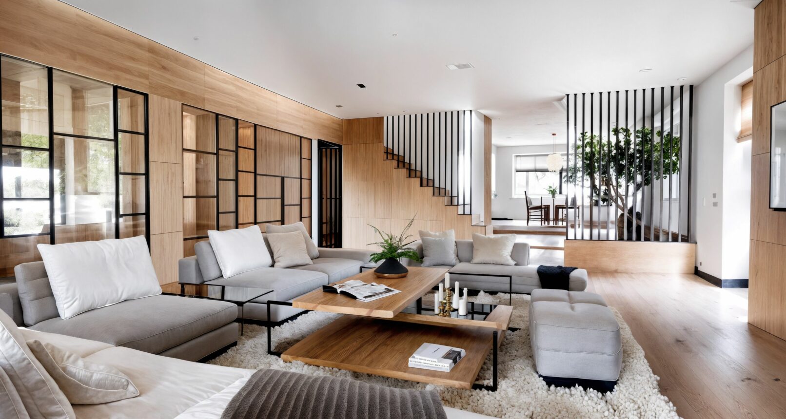 Spacious open-concept living room with a contemporary design, featuring light grey sectional sofas arranged around a two-tiered wooden coffee table on a cream shaggy rug. The room has natural wood paneling on the walls and staircase, contrasted with black metal-framed glass partitions and vertical slatted screens. An indoor tree adds a natural element near the staircase, which leads to a dining area visible in the background.