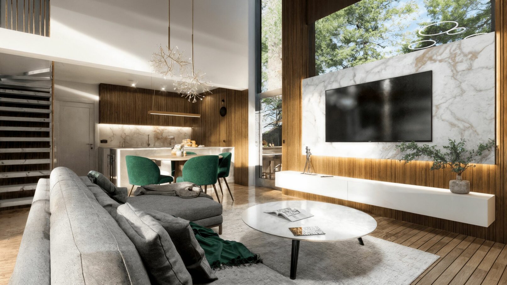 A contemporary open-plan living and dining area featuring double-height ceilings, a marble-accented TV wall, and warm wooden finishes throughout. The space includes a modern grey sectional sofa, emerald green dining chairs, elegant sculptural lighting fixtures, and expansive windows that bring in natural light and forest views. The minimalist kitchen blends marble surfaces with wood textures, creating a refined and inviting interior.