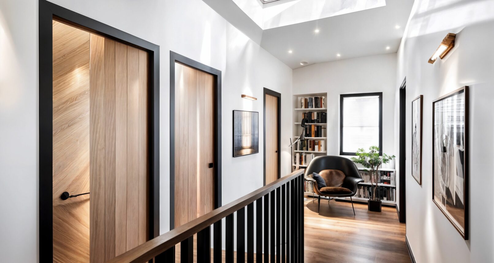 View of a bright, modern hallway featuring a skylight, light wood doors with black frames, and hardwood floors. A cozy reading nook is visible at the far end with a dark armchair and a bookshelf. The hallway is well-lit by recessed lighting and wall sconces, creating a warm and inviting atmosphere.