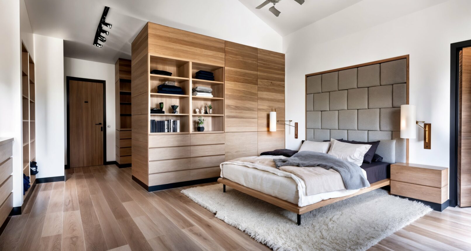 Serene master bedroom featuring a low-profile bed with a large, padded square-patterned headboard in a neutral tone. Custom light oak joinery forms a large wardrobe and storage unit with open shelves and drawers along one wall. The room has light wood flooring, a soft off-white rug, and minimalist wall sconces, creating a calm and inviting atmosphere.