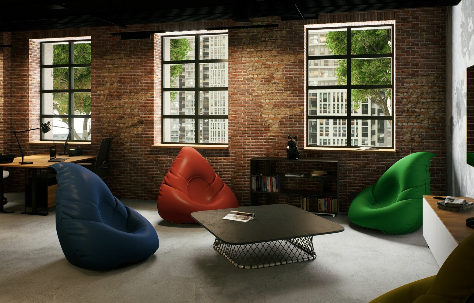Photorealistic visualisation of a modern industrial office interior set in a reclaimed factory. The space features exposed red brick walls, raw concrete floors, steel-framed windows, and black-painted ceiling ducts. The layout includes shared worktables, individual workstations with task lamps, and a cozy lounge area with colorful beanbags and a low coffee table. Natural light filters through large windows, creating a dynamic atmosphere. The design combines industrial materials with warm wood furniture, greenery, and abstract artwork for a balanced and functional workspace.