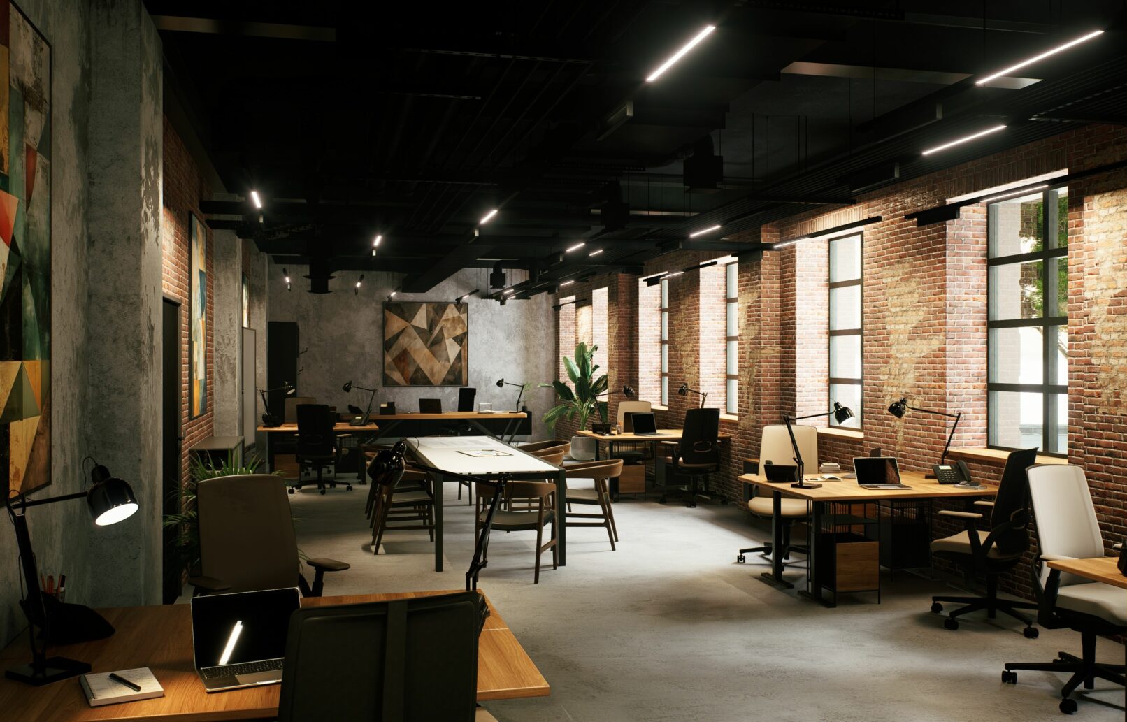 Photorealistic visualisation of a modern industrial office interior set in a reclaimed factory. The space features exposed red brick walls, raw concrete floors, steel-framed windows, and black-painted ceiling ducts. The layout includes shared worktables, individual workstations with task lamps, and a cozy lounge area with colorful beanbags and a low coffee table. Natural light filters through large windows, creating a dynamic atmosphere. The design combines industrial materials with warm wood furniture, greenery, and abstract artwork for a balanced and functional workspace.