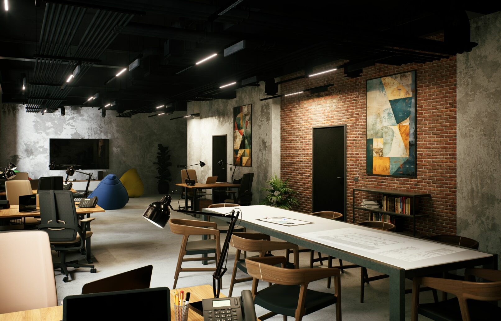 Photorealistic visualisation of a modern industrial office interior set in a reclaimed factory. The space features exposed red brick walls, raw concrete floors, steel-framed windows, and black-painted ceiling ducts. The layout includes shared worktables, individual workstations with task lamps, and a cozy lounge area with colorful beanbags and a low coffee table. Natural light filters through large windows, creating a dynamic atmosphere. The design combines industrial materials with warm wood furniture, greenery, and abstract artwork for a balanced and functional workspace.
