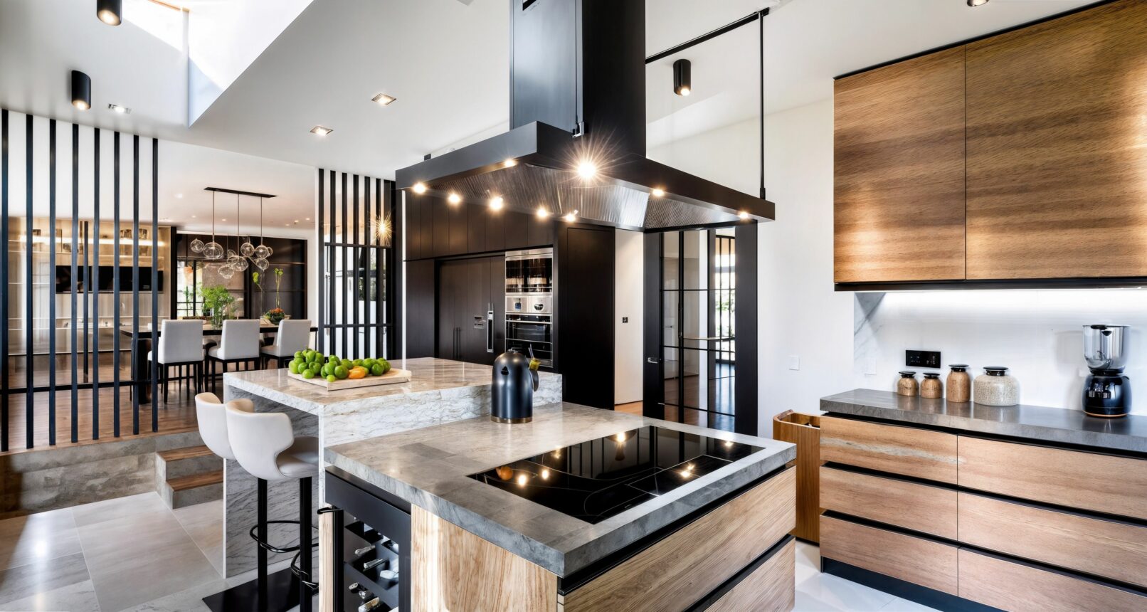 Bright, open-concept kitchen and dining area with a modern aesthetic. The kitchen features dark cabinetry contrasting with warm wood accents, a large island with an integrated induction hob and a stylish black overhead extractor fan. Two light-colored bar stools are placed at the island. In the background, a dining area with a long wooden table and chairs is visible, separated by decorative black vertical slat partitions.