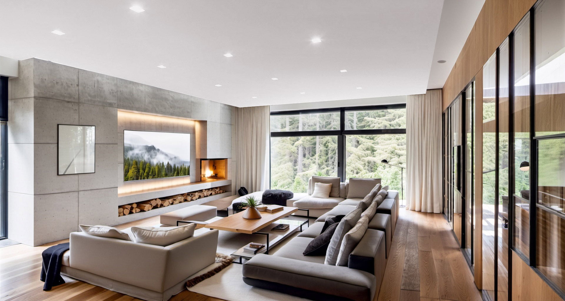 Modern living room with a large, comfortable L-shaped sofa in light grey, facing a sleek concrete wall with an integrated fireplace and a large flat-screen TV. A warm wooden coffee table sits on a plush white rug. The room features expansive windows offering a view of lush greenery, and a contemporary design with wood paneling and large glass doors on the right.