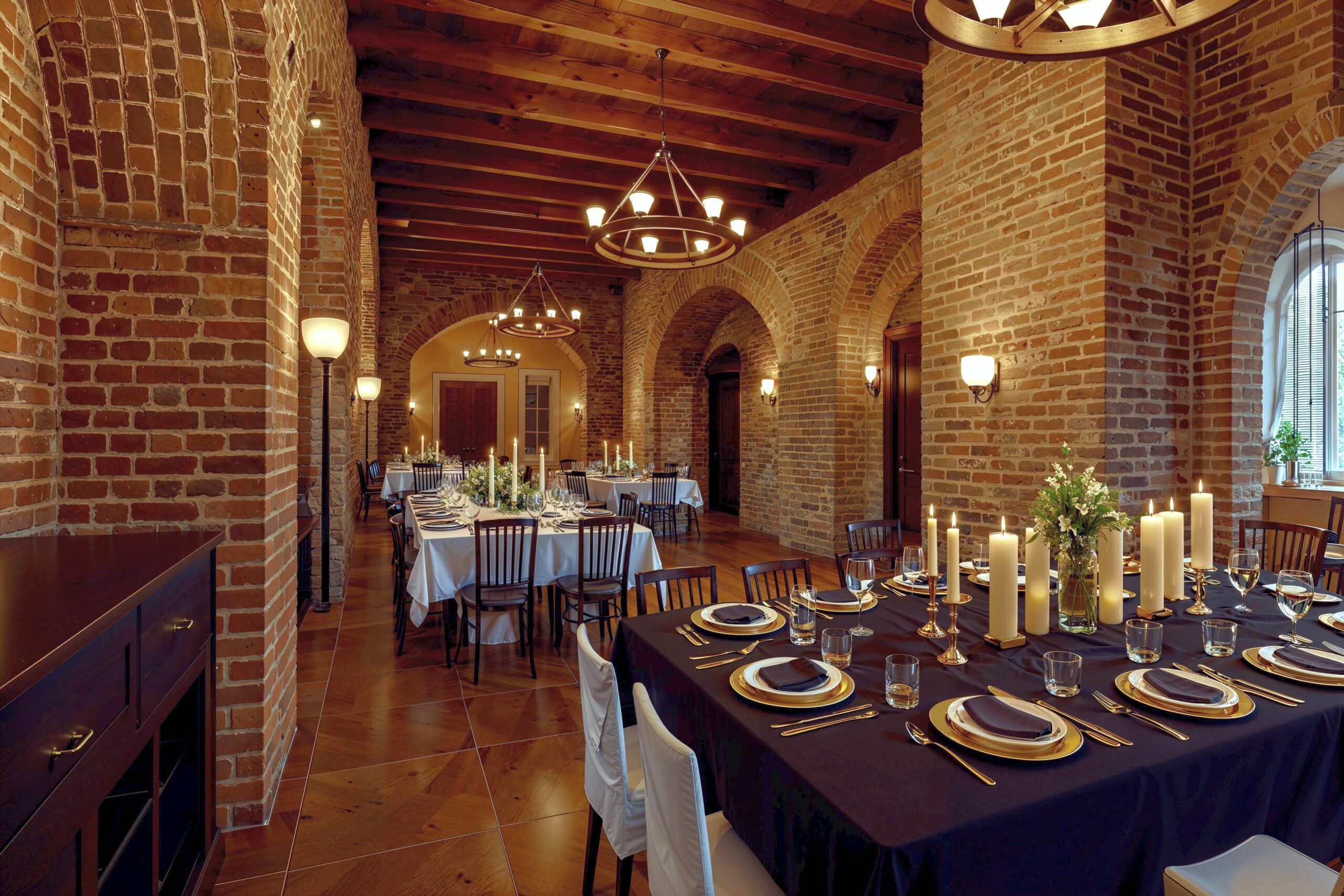 An elegant banquet hall with exposed brick arches, wooden beam ceilings, and soft, ambient lighting. The space is set for formal dining with black and white table linens, gold-accented place settings, and tall candles creating a warm, intimate glow. The overall atmosphere evokes timeless sophistication and old-world charm.