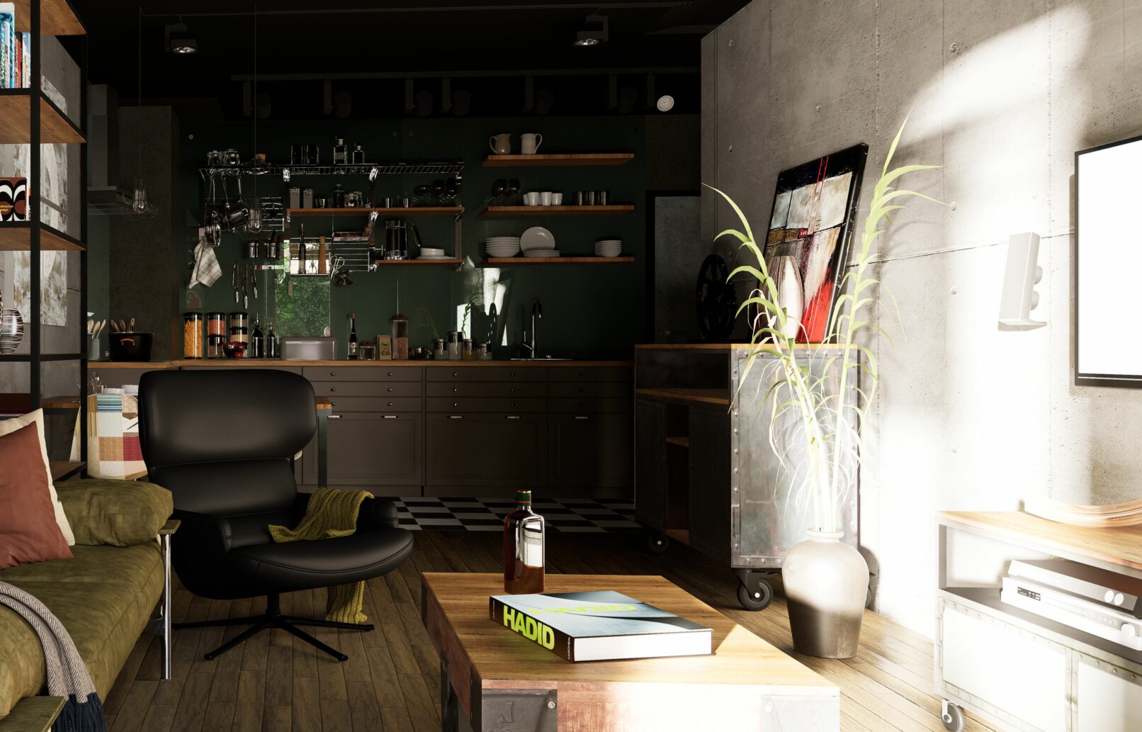 A black lounge chair and olive sofa sit opposite an industrial-style kitchen with matte cabinets and open racks. A wooden coffee table with a book and bottle adds personality to the grounded, masculine space.