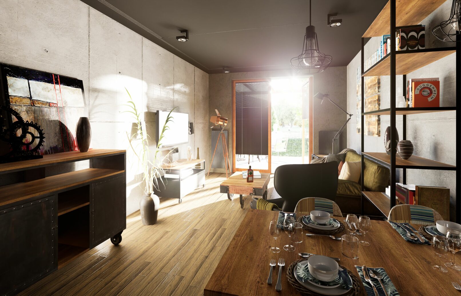 Wide-angle view of a stylish urban loft with dining, living, and terrace areas. Features include a cozy olive sofa, industrial décor, large wall art, and a sunlit outdoor patio visible through open glass doors.
