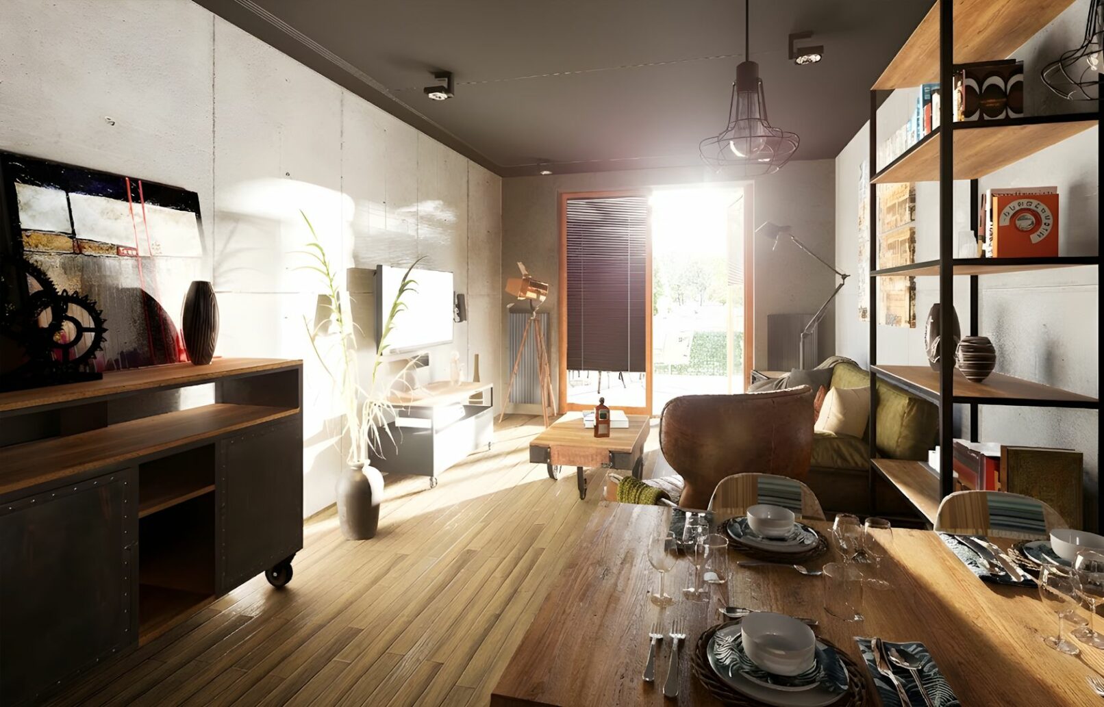 Wide-angle view of a stylish urban loft with dining, living, and terrace areas. Features include a cozy olive sofa, industrial décor, large wall art, and a sunlit outdoor patio visible through open glass doors.