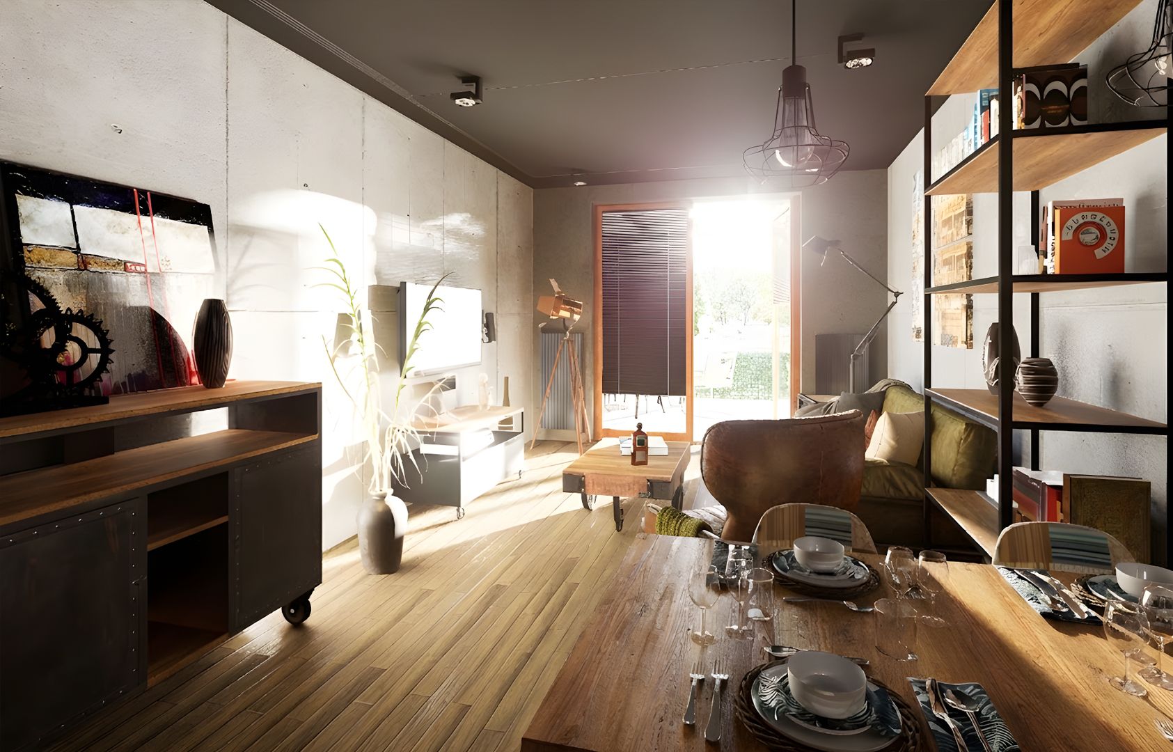 Wide-angle view of a stylish urban loft with dining, living, and terrace areas. Features include a cozy olive sofa, industrial décor, large wall art, and a sunlit outdoor patio visible through open glass doors.