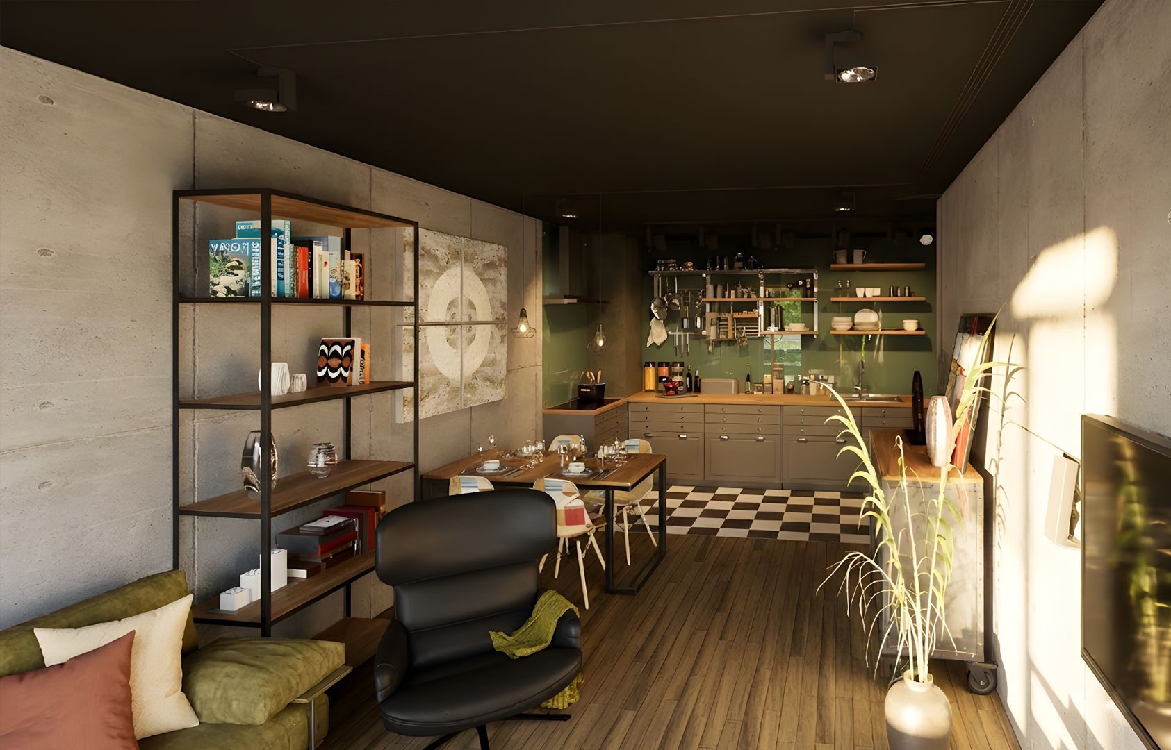 Photo-realistic interior of an open-plan living space with a green velvet sofa, black lounge chair, industrial bookshelf, and a view into the kitchen with checkered flooring and open shelving against a pastel backsplash.