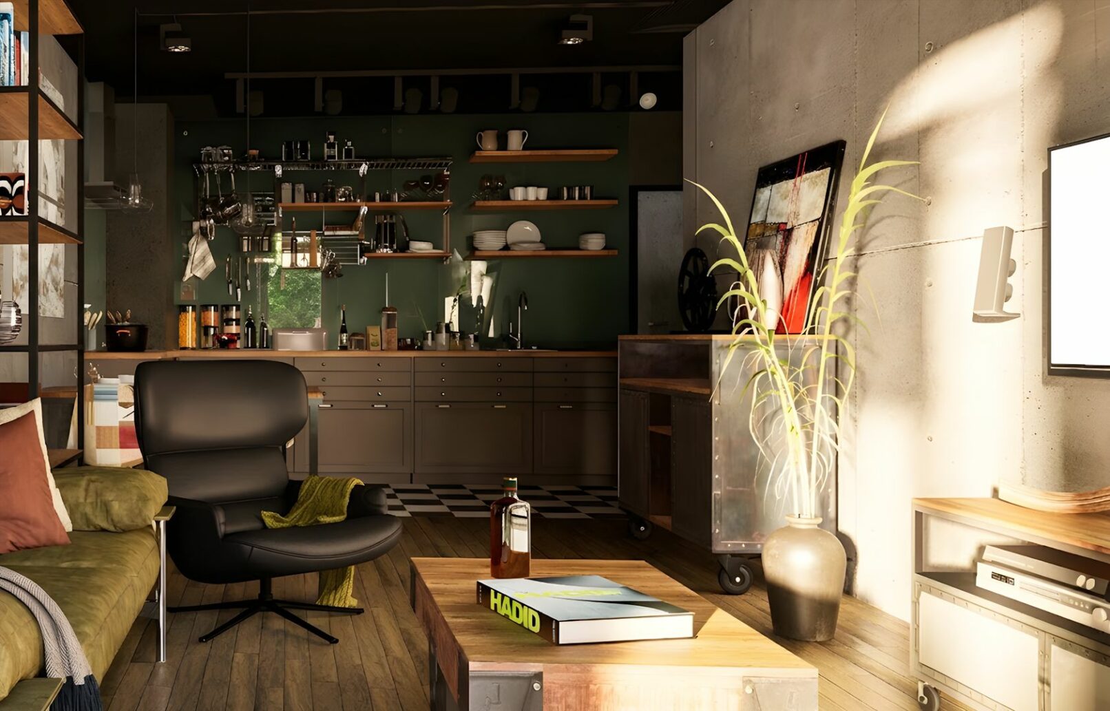 A black lounge chair and olive sofa sit opposite an industrial-style kitchen with matte cabinets and open racks. A wooden coffee table with a book and bottle adds personality to the grounded, masculine space.