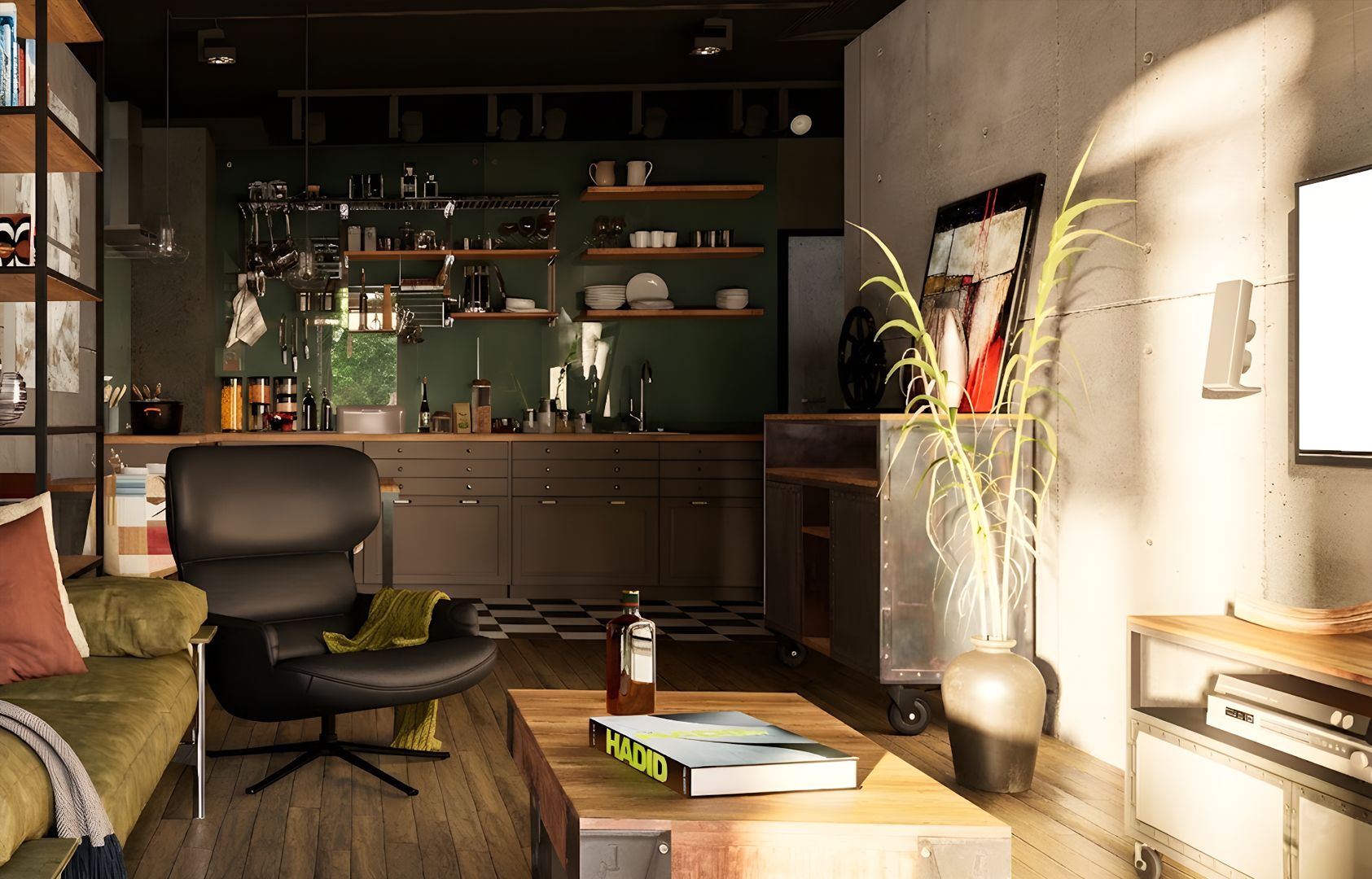 A black lounge chair and olive sofa sit opposite an industrial-style kitchen with matte cabinets and open racks. A wooden coffee table with a book and bottle adds personality to the grounded, masculine space.