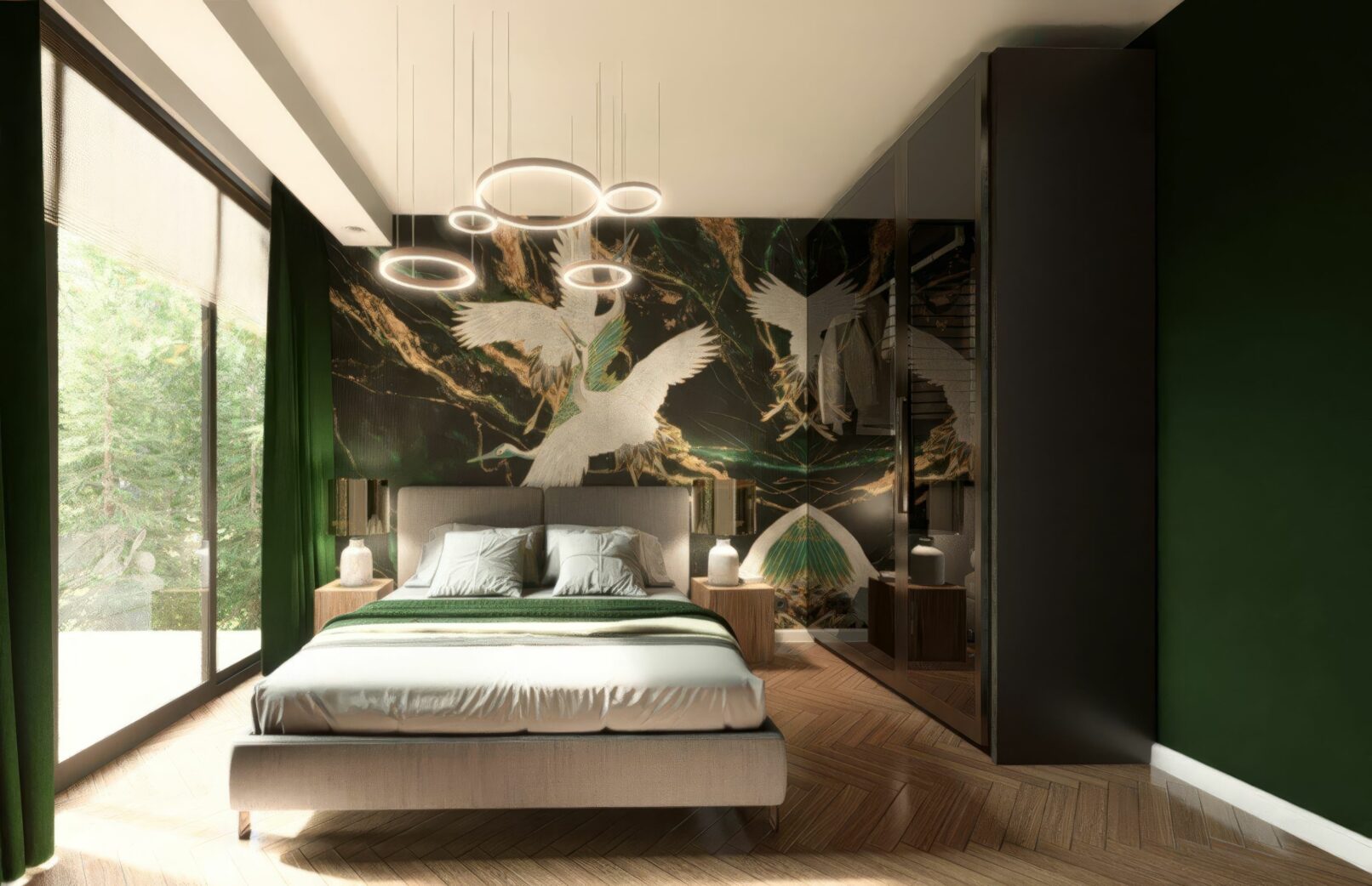 Elegant bedroom featuring a large bed with a grey upholstered headboard set against a dramatic dark green and gold abstract wallpaper with white crane illustrations. The room has light wood herringbone flooring, a dark mirrored wardrobe, and modern circular pendant lights hanging from the ceiling. A wooden bedside table with a lamp is visible on the right.