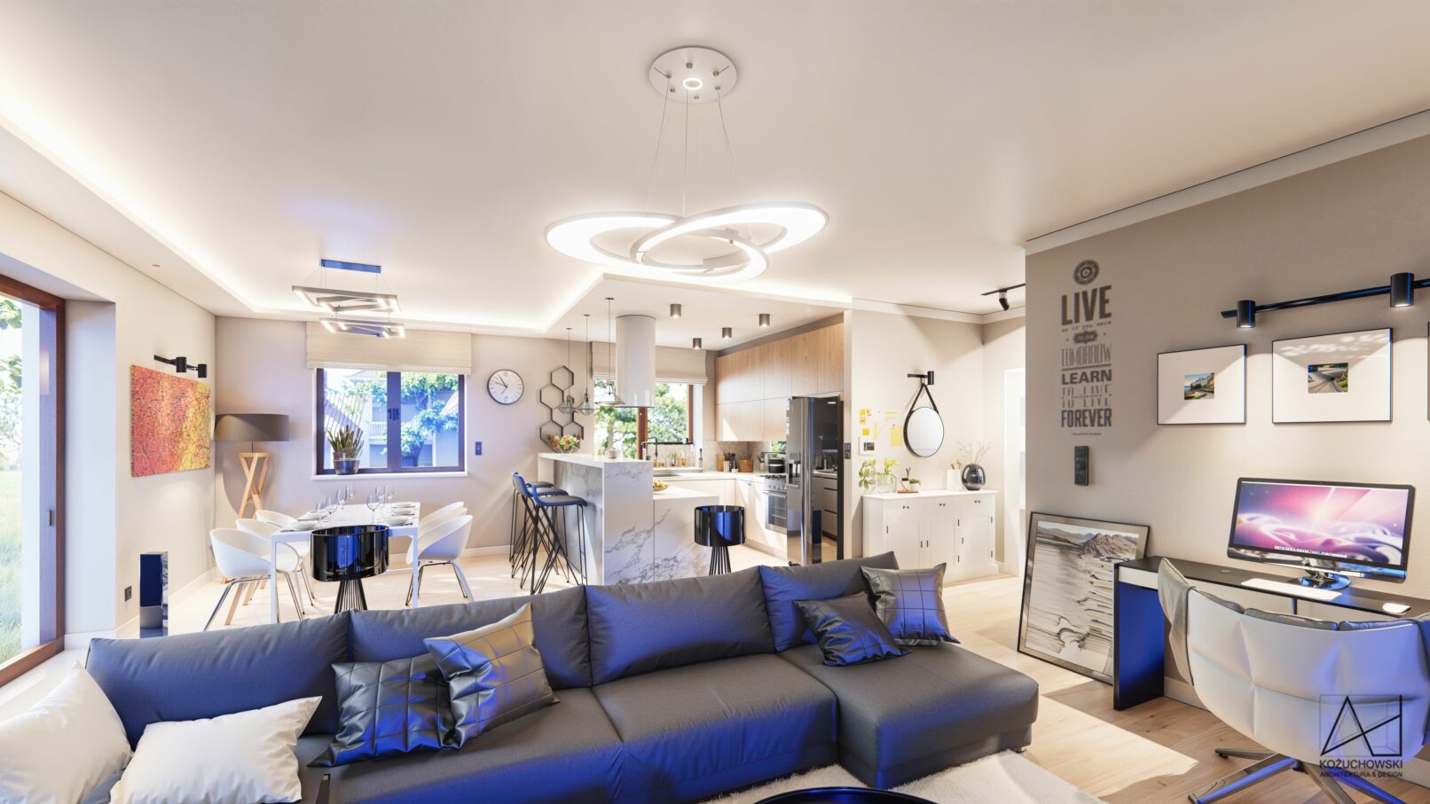 Contemporary open-plan living space featuring a sleek kitchen with marble accents, a modern dining area, and a cozy lounge with a dark sectional sofa. The room includes a home office corner, artistic lighting, and elegant decor with natural light streaming through large windows.
