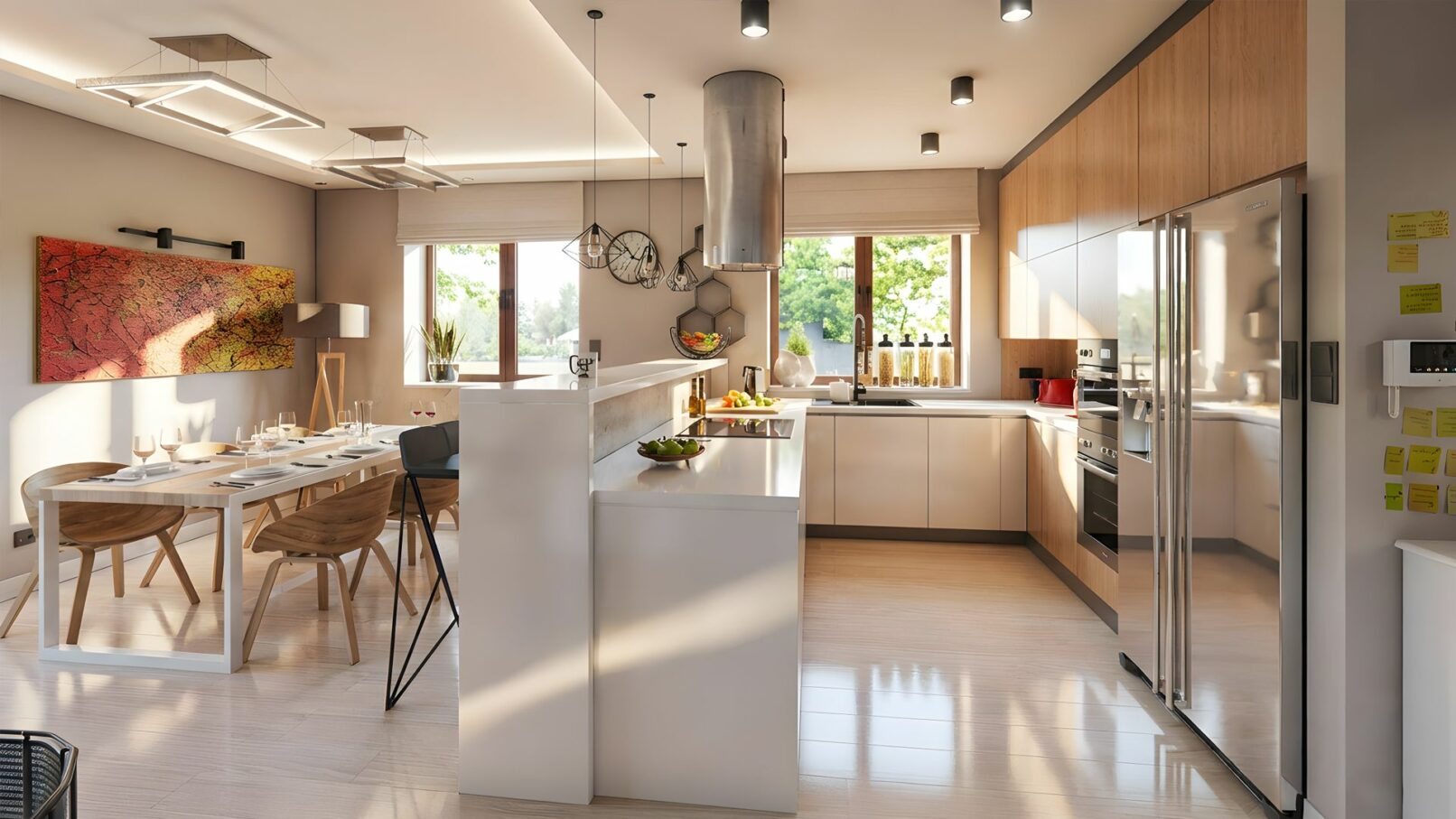 Contemporary kitchen and dining space with a bright, open layout featuring sleek white cabinetry, a minimalist island with bar seating, modern lighting fixtures, and large windows offering views of a green, residential garden. The interior design combines warm wood textures, geometric shelving, and bold artwork for a clean yet inviting atmosphere.