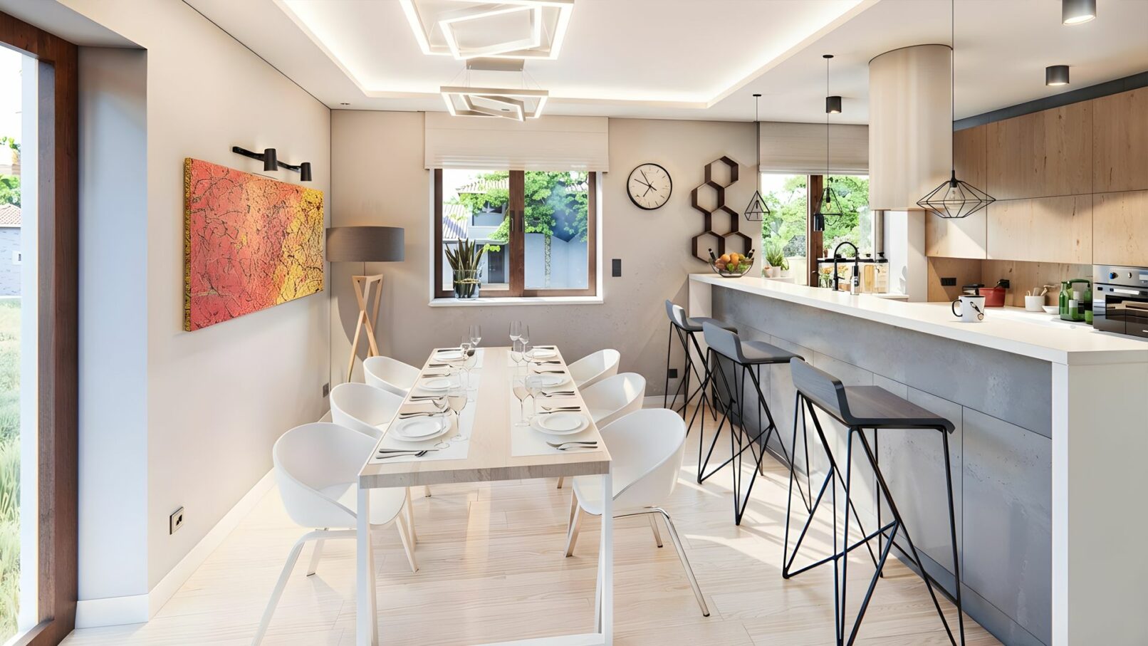 Contemporary kitchen and dining space with a bright, open layout featuring sleek white cabinetry, a minimalist island with bar seating, modern lighting fixtures, and large windows offering views of a green, residential garden. The interior design combines warm wood textures, geometric shelving, and bold artwork for a clean yet inviting atmosphere.