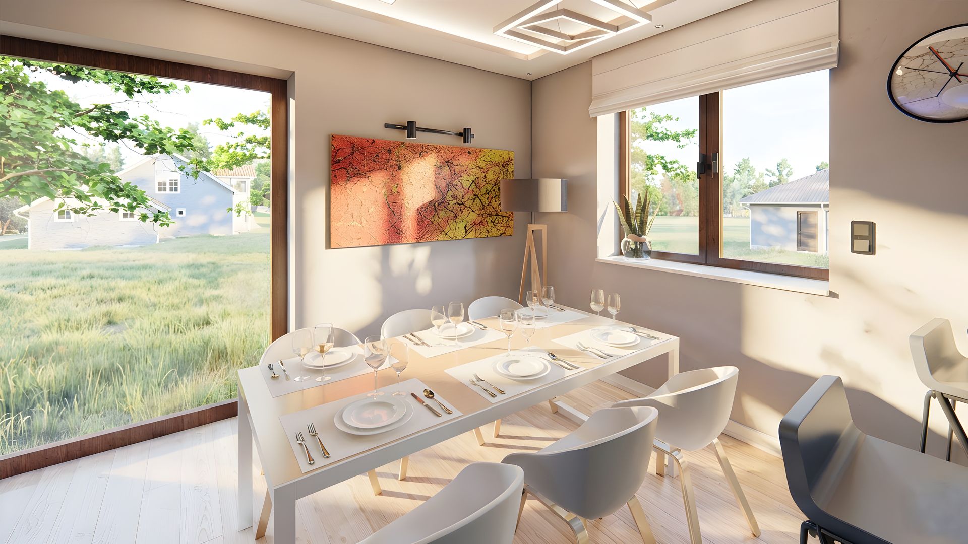 Contemporary kitchen and dining space with a bright, open layout featuring sleek white cabinetry, a minimalist island with bar seating, modern lighting fixtures, and large windows offering views of a green, residential garden. The interior design combines warm wood textures, geometric shelving, and bold artwork for a clean yet inviting atmosphere.