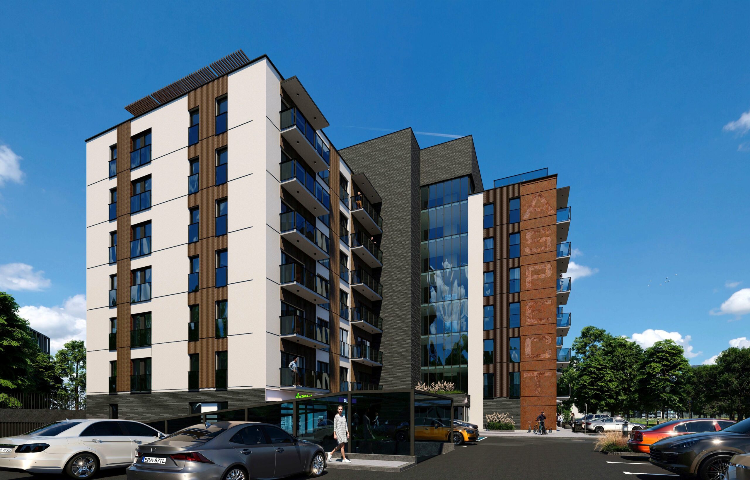 Rear façade of the apartment building showing another entrance, parking area, and warm materials.
