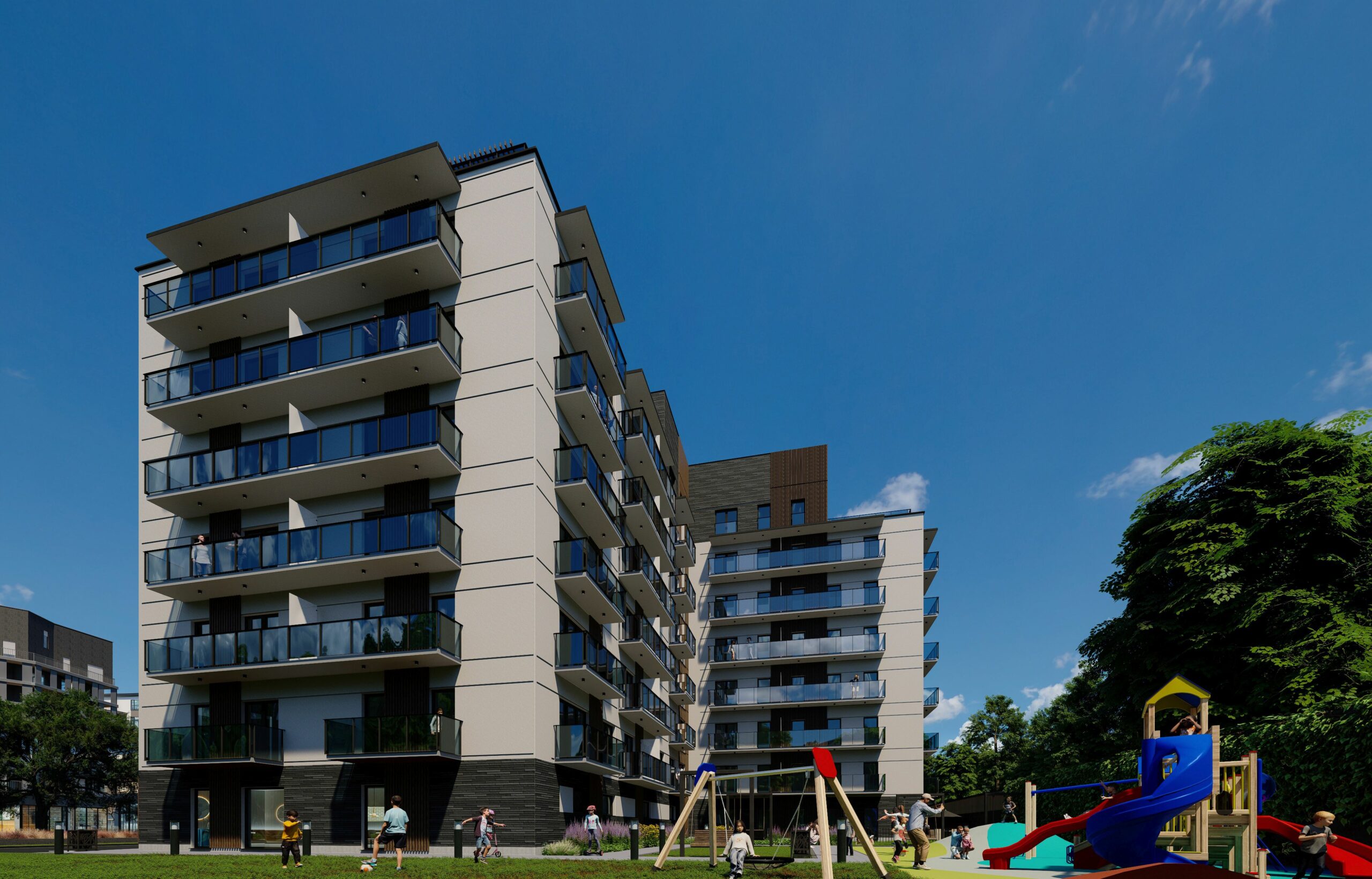 Courtyard view with children playing on the playground, surrounded by modern apartment blocks and green space. 8.