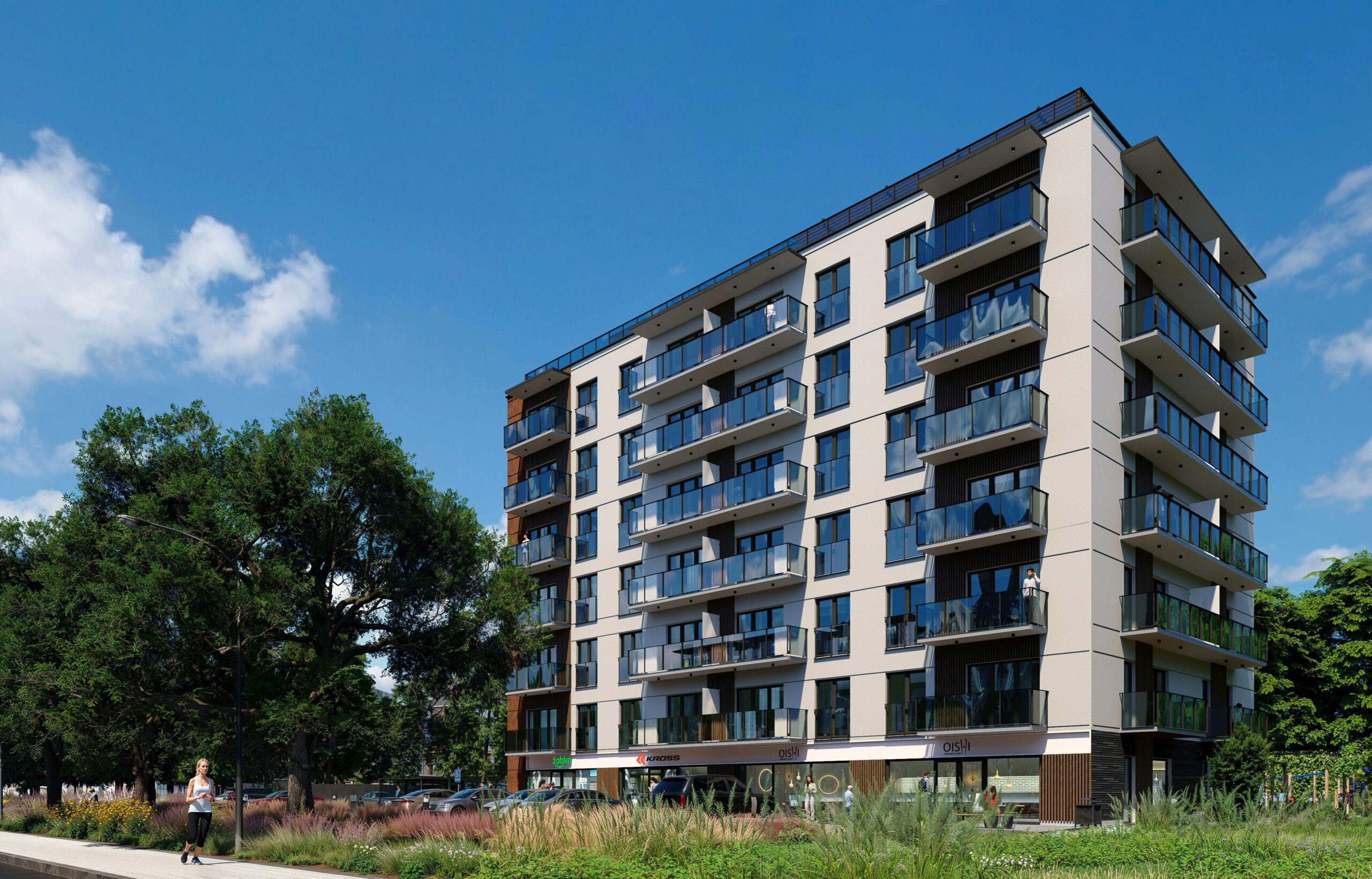 View from the street showing the building with commercial ground floor units including a Żabka store.
