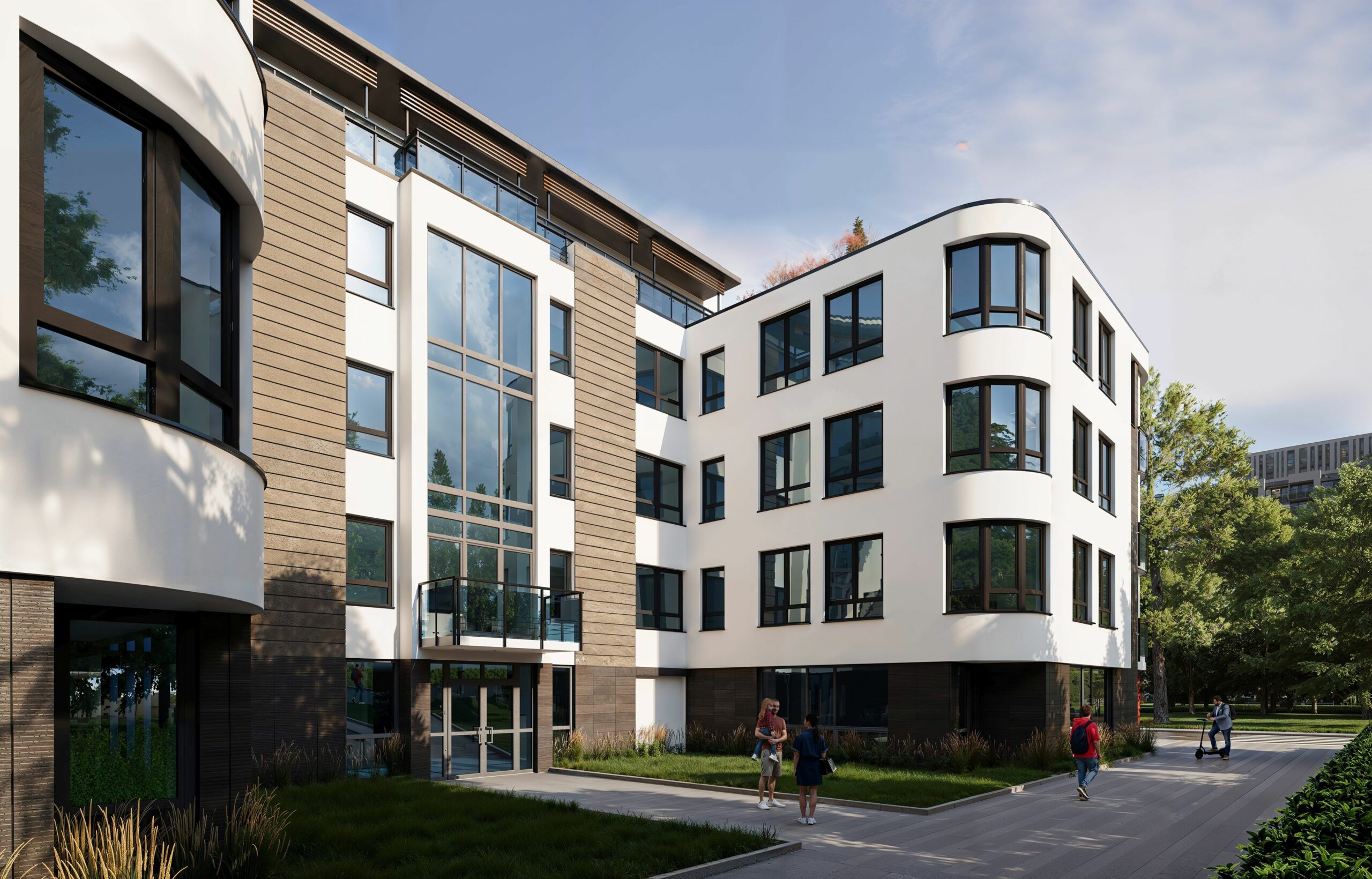 Courtyard perspective of Krancowa project with rounded corner windows, vertical panels and landscaped walkway.