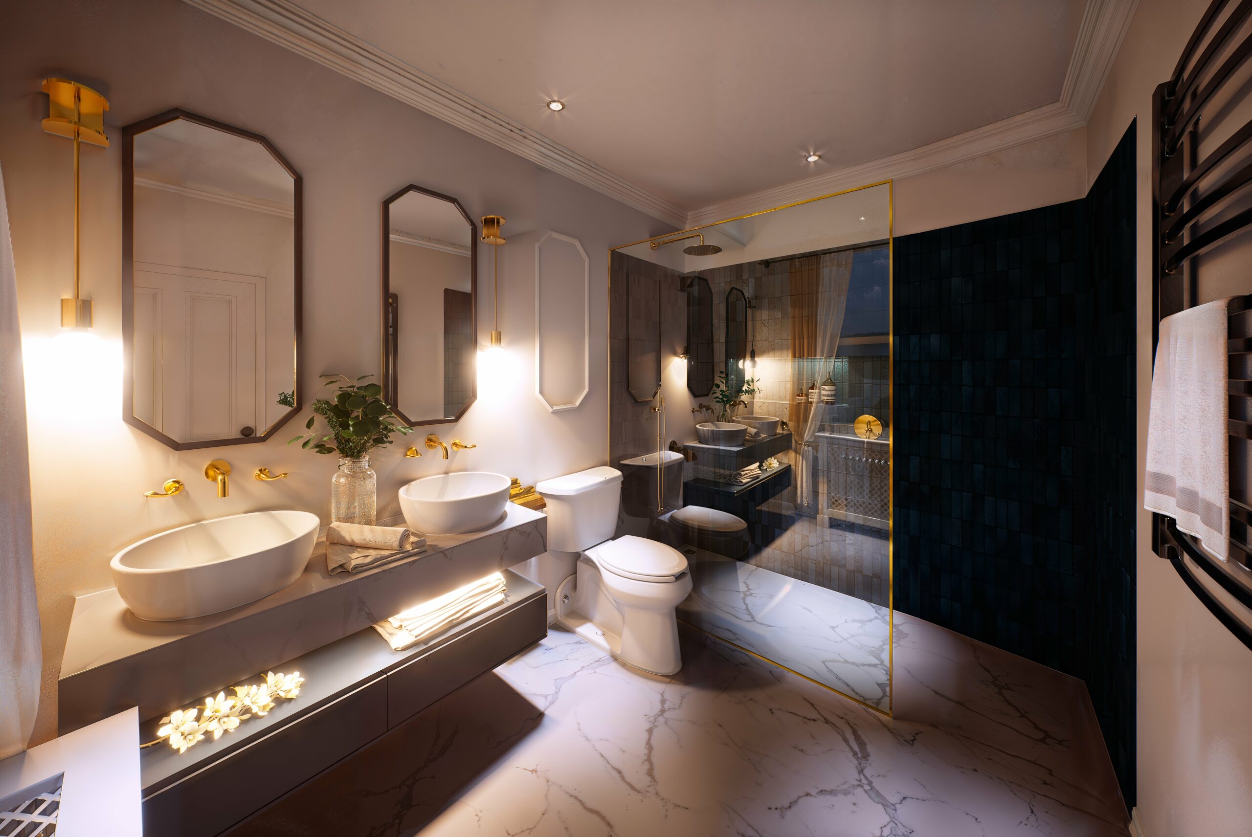 Moody Victorian bathroom lit at night, showcasing gold accents, navy tilework, and ambient mirror lighting.