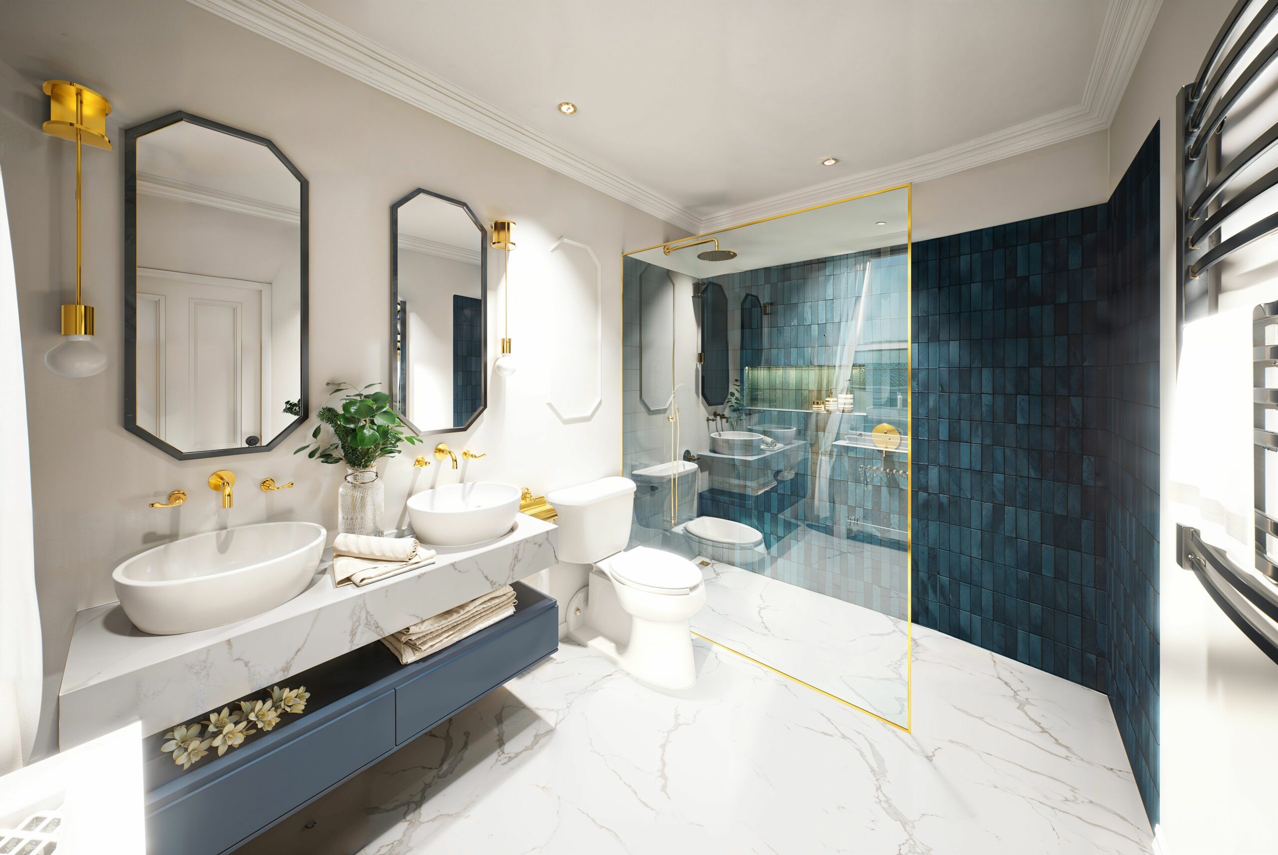 Bright Victorian-style bathroom with marble countertop, dual basins, and rich blue tile backsplash.