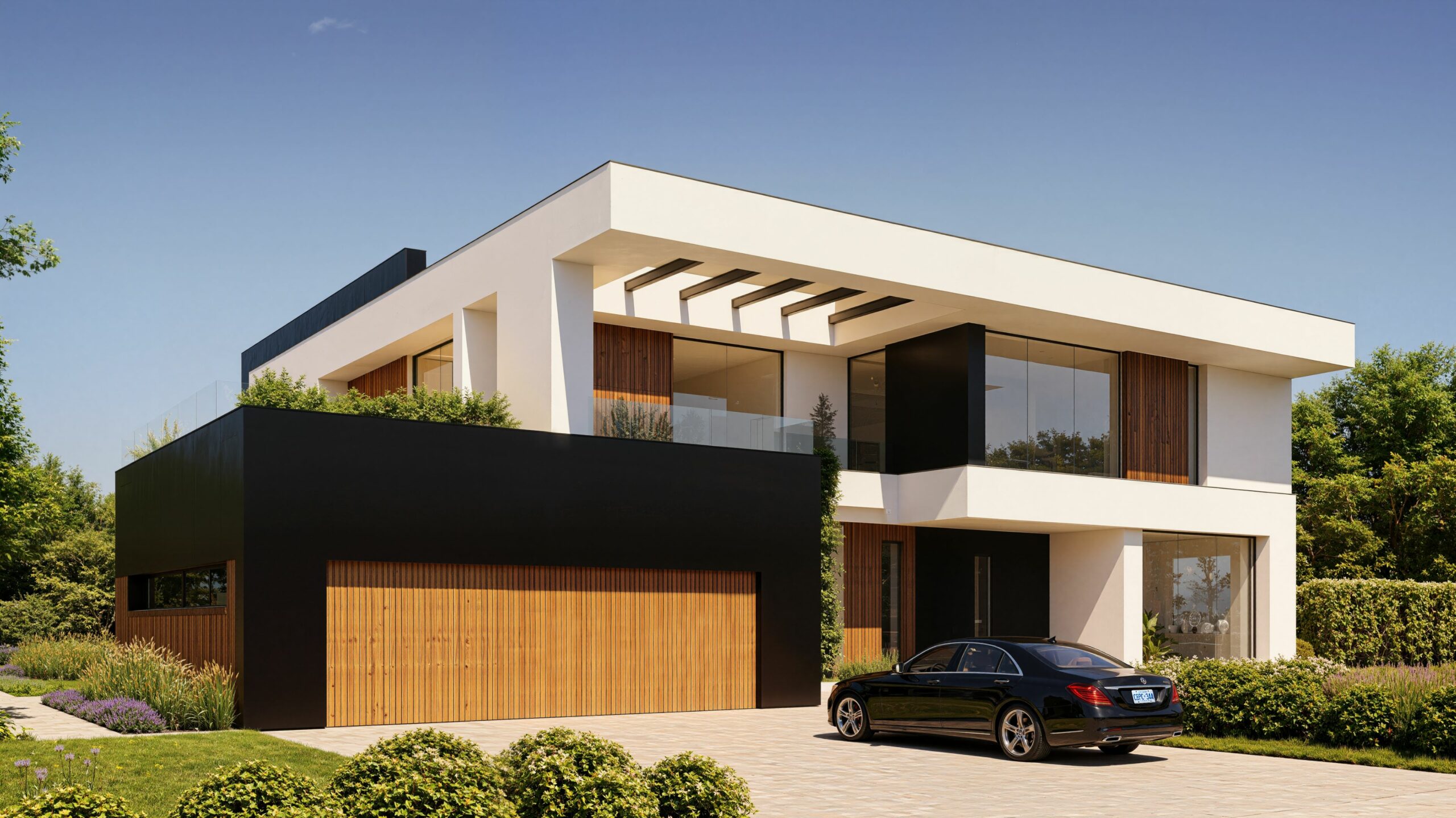 Modern two-storey house with a flat roof, black and white façade, vertical wooden cladding, and large glass windows. A luxury black car is parked in front of the minimalist driveway surrounded by greenery.