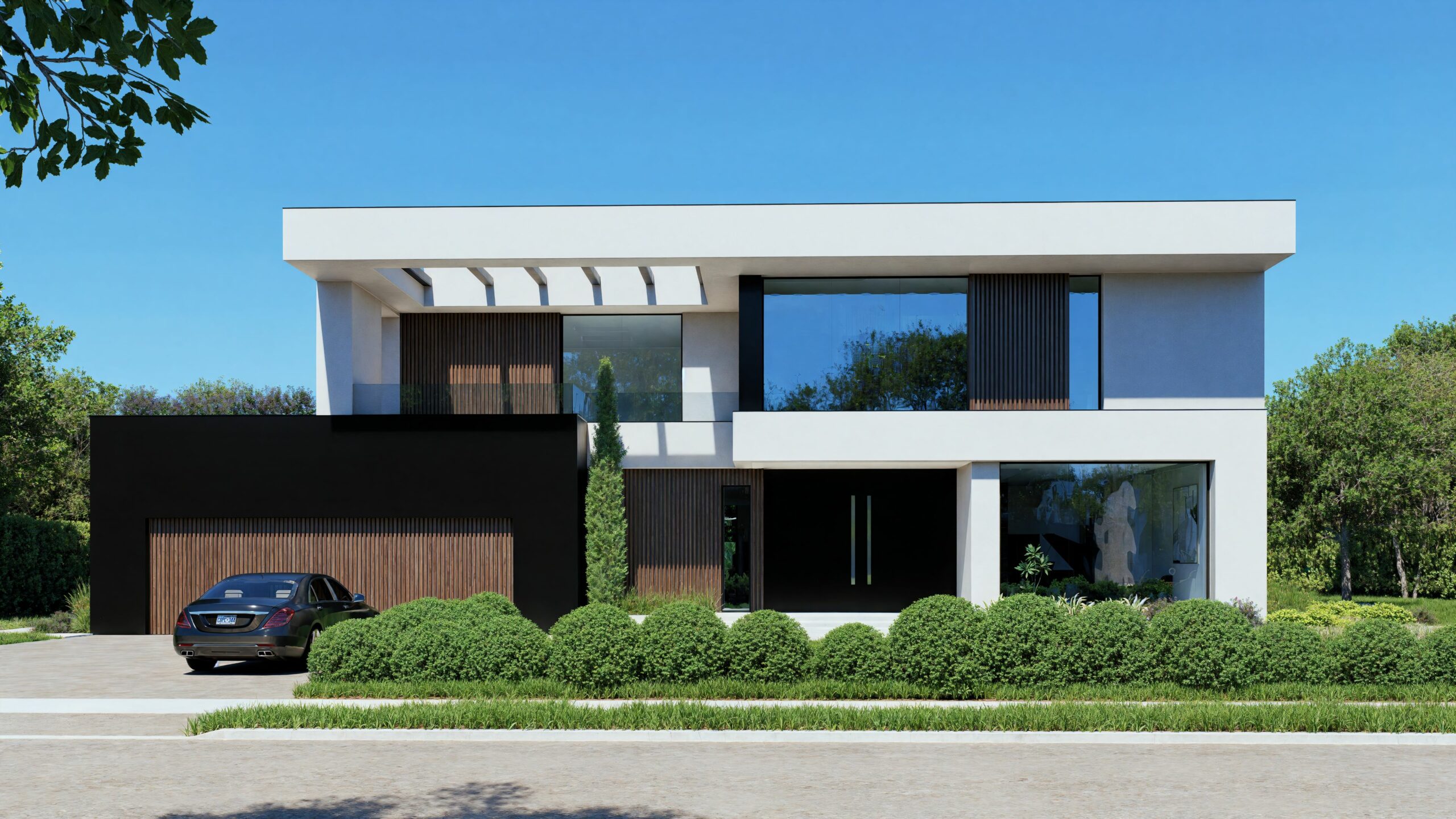 Front elevation of a contemporary villa featuring geometric forms, black and white contrast, and vertical wooden panels. A black car is parked by the garage, with manicured hedges and trees framing the clean architectural composition.