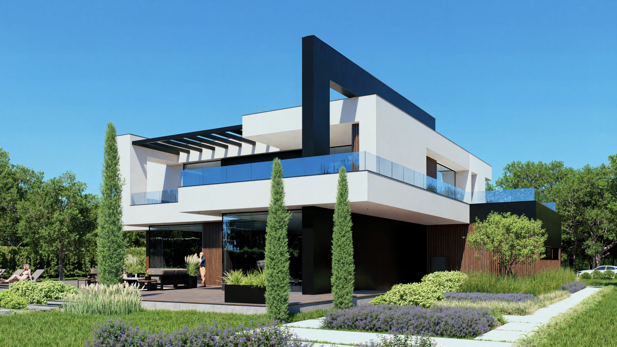 Angled street view of a sleek modern residence with expansive windows, black cladding, and natural wood elements. The house is surrounded by lush landscaping and clear blue sky