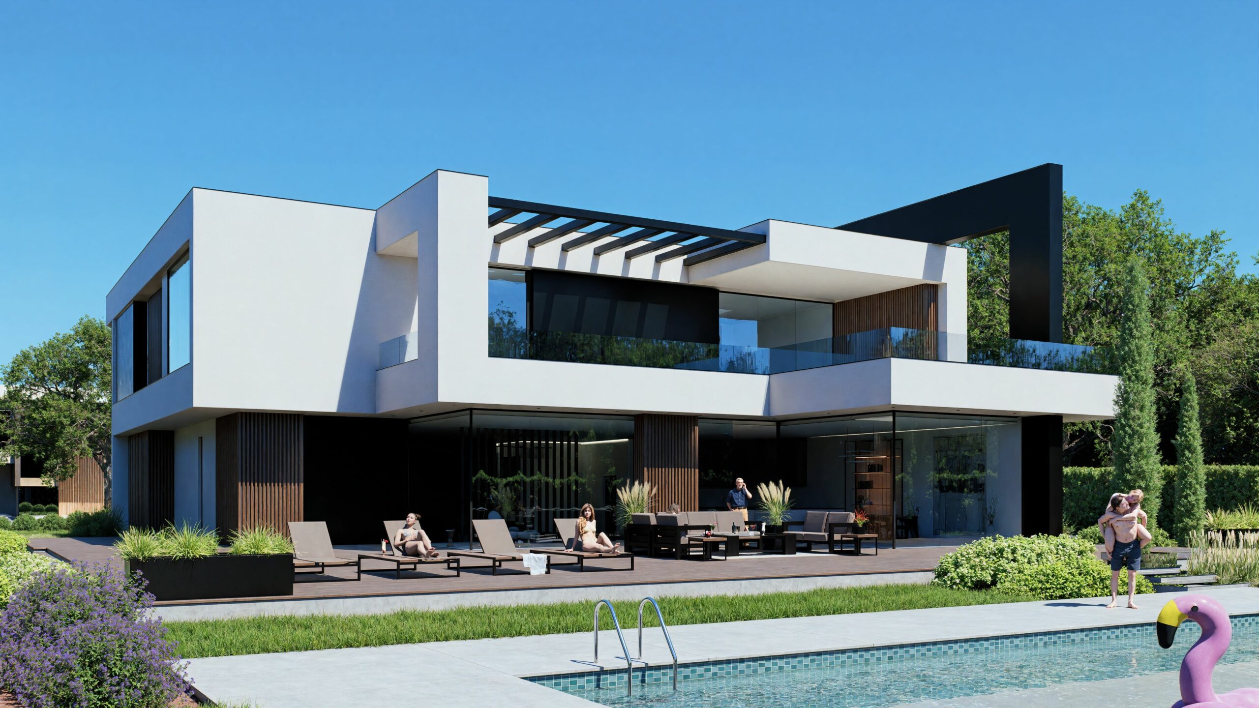 Photorealistic 3D rendering of a luxurious modern villa with clean geometric architecture, white and black façade, and wooden accents. The house features an outdoor lounge terrace, glass balconies, and a swimming pool surrounded by greenery