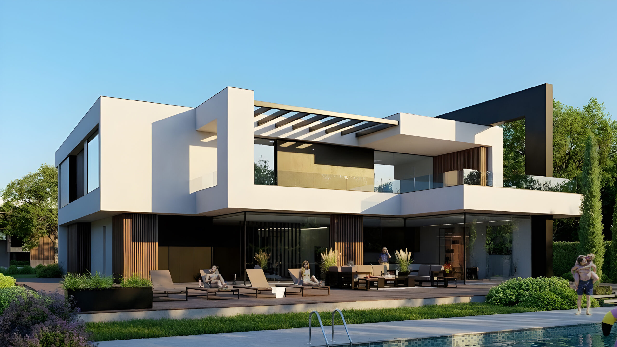 Photorealistic 3D rendering of a luxurious modern villa with clean geometric architecture, white and black façade, and wooden accents. The house features an outdoor lounge terrace, glass balconies, and a swimming pool surrounded by greenery