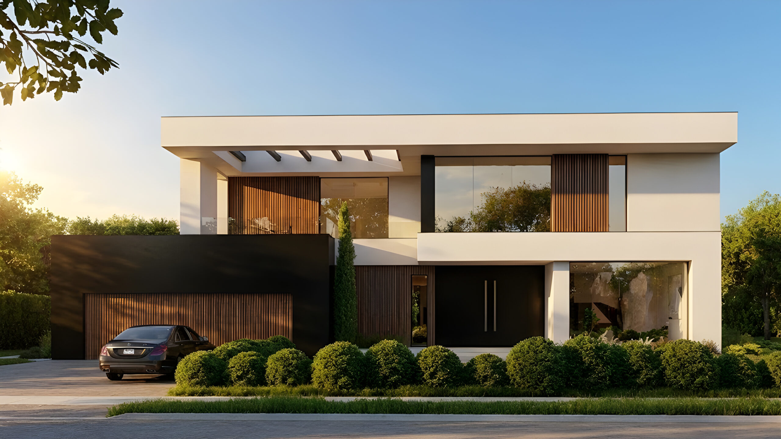 Front elevation of a contemporary villa featuring geometric forms, black and white contrast, and vertical wooden panels. A black car is parked by the garage, with manicured hedges and trees framing the clean architectural composition.